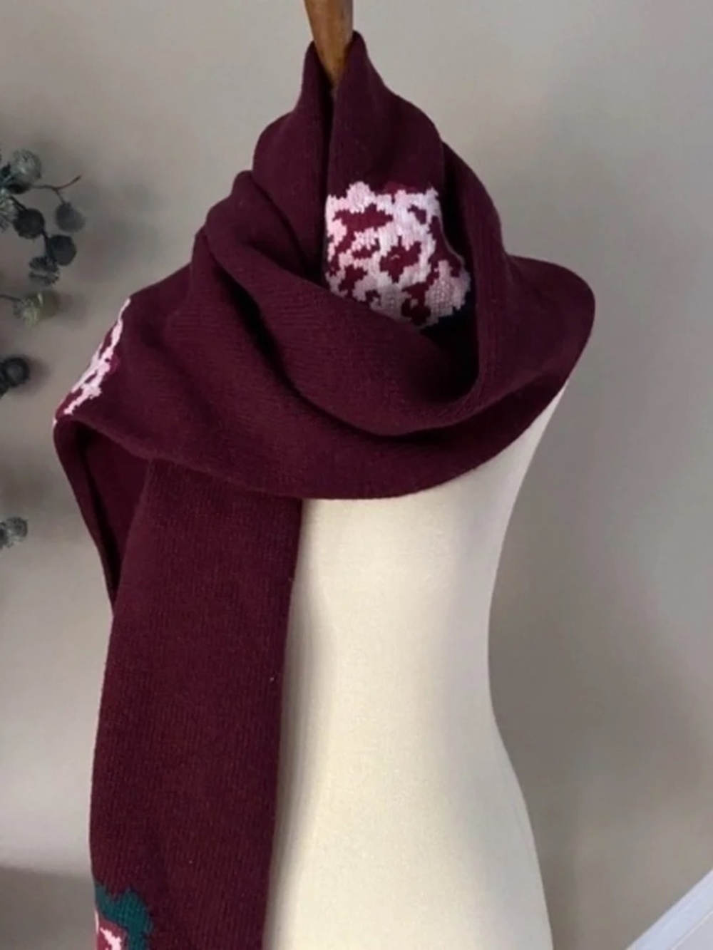 Anthropologie Wine Burgundy Knit Flower Embroidered  Pom Scarf